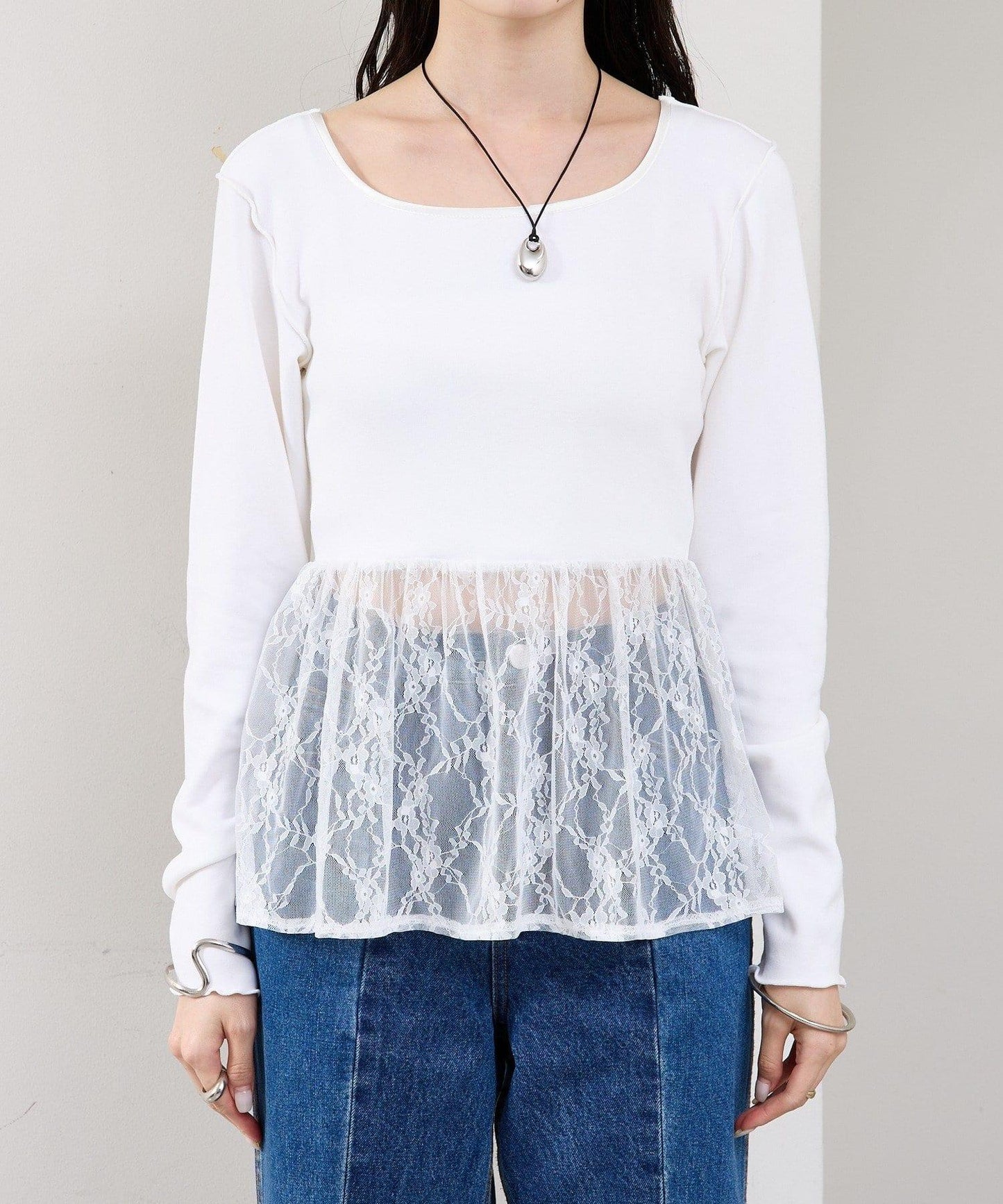 蕾絲拼接長袖T恤