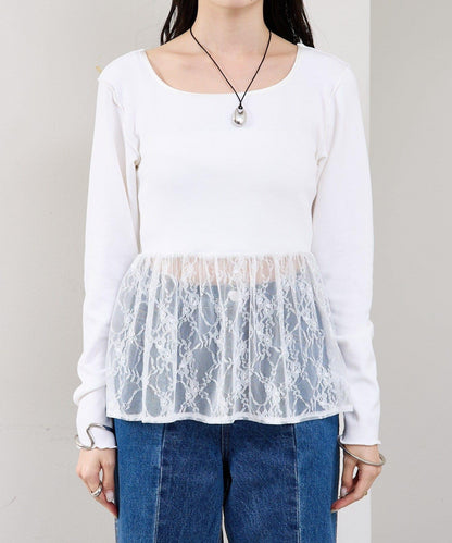 蕾絲拼接長袖T恤