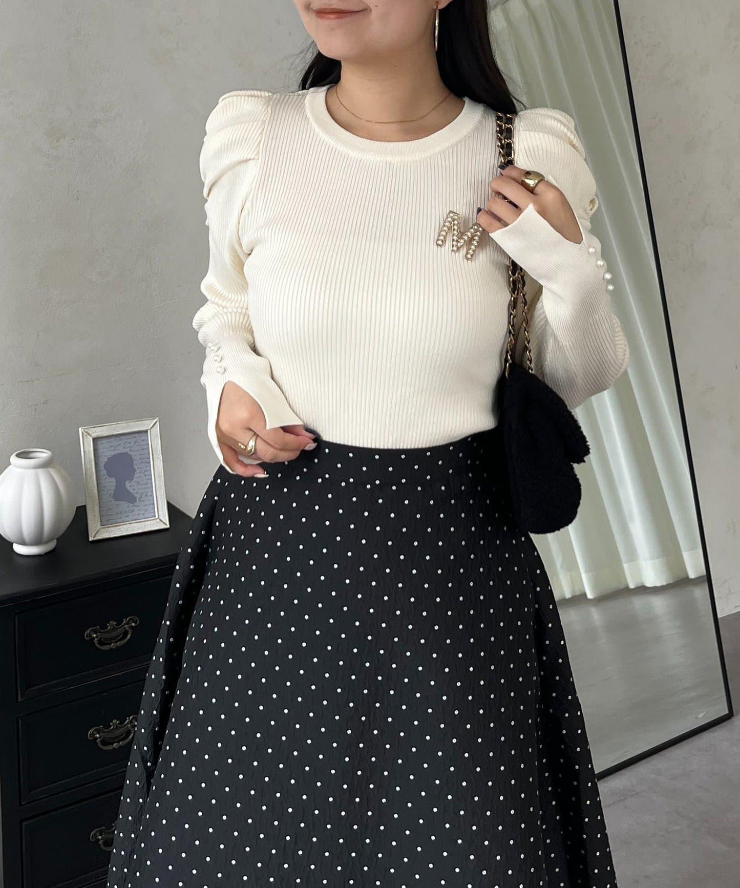 袖珍珠泡泡袖羅紋針織衫