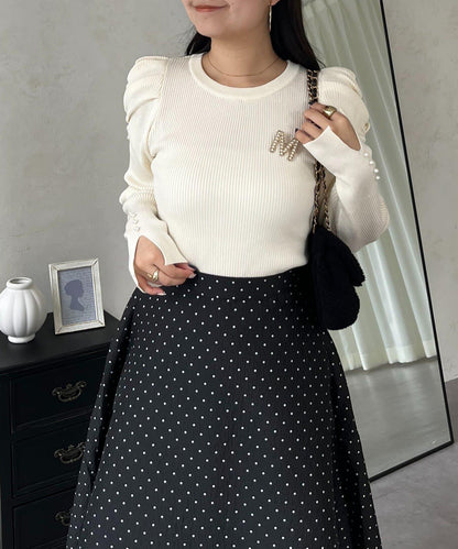 袖珍珠泡泡袖羅紋針織衫