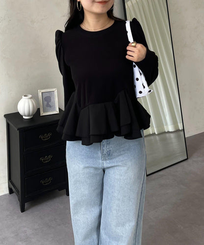 下襬荷葉邊磨毛羅紋針織上衣