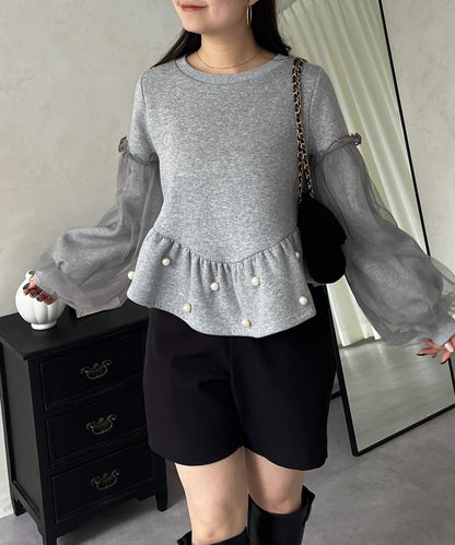 袖部網紗珍珠荷葉邊衛衣