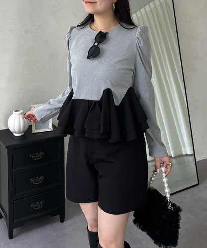 下襬荷葉邊磨毛羅紋針織上衣