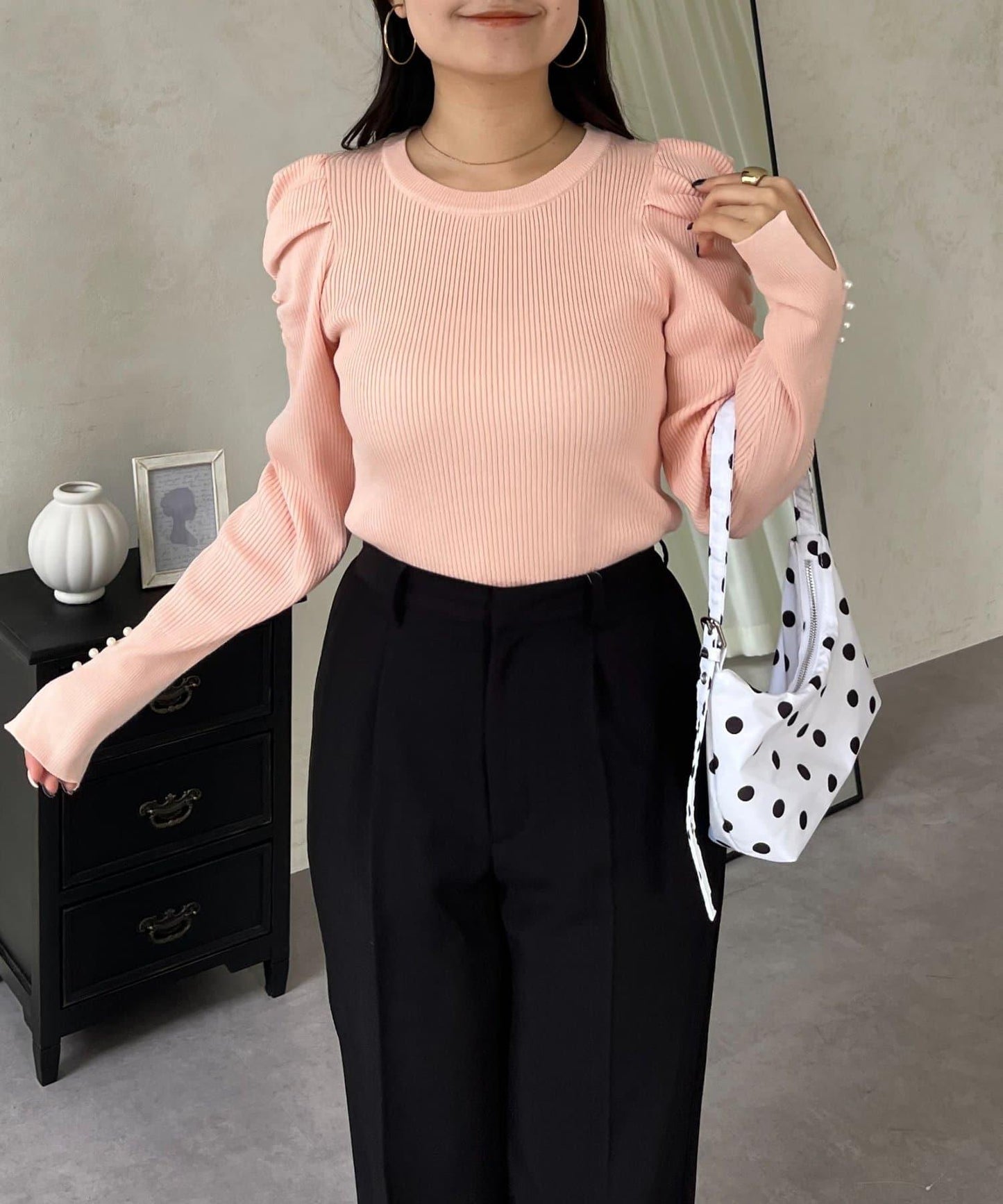 袖珍珠泡泡袖羅紋針織衫