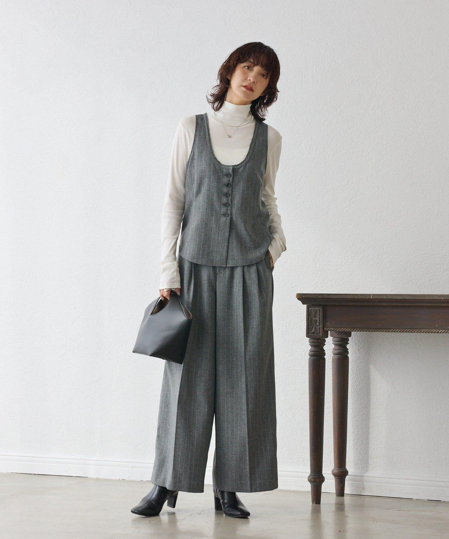 【可搭配套裝】羊毛斜紋雙褶長褲