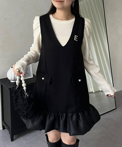 下襬氣球袖呢料連衣裙