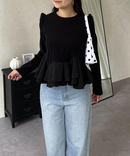 下襬荷葉邊磨毛羅紋針織上衣