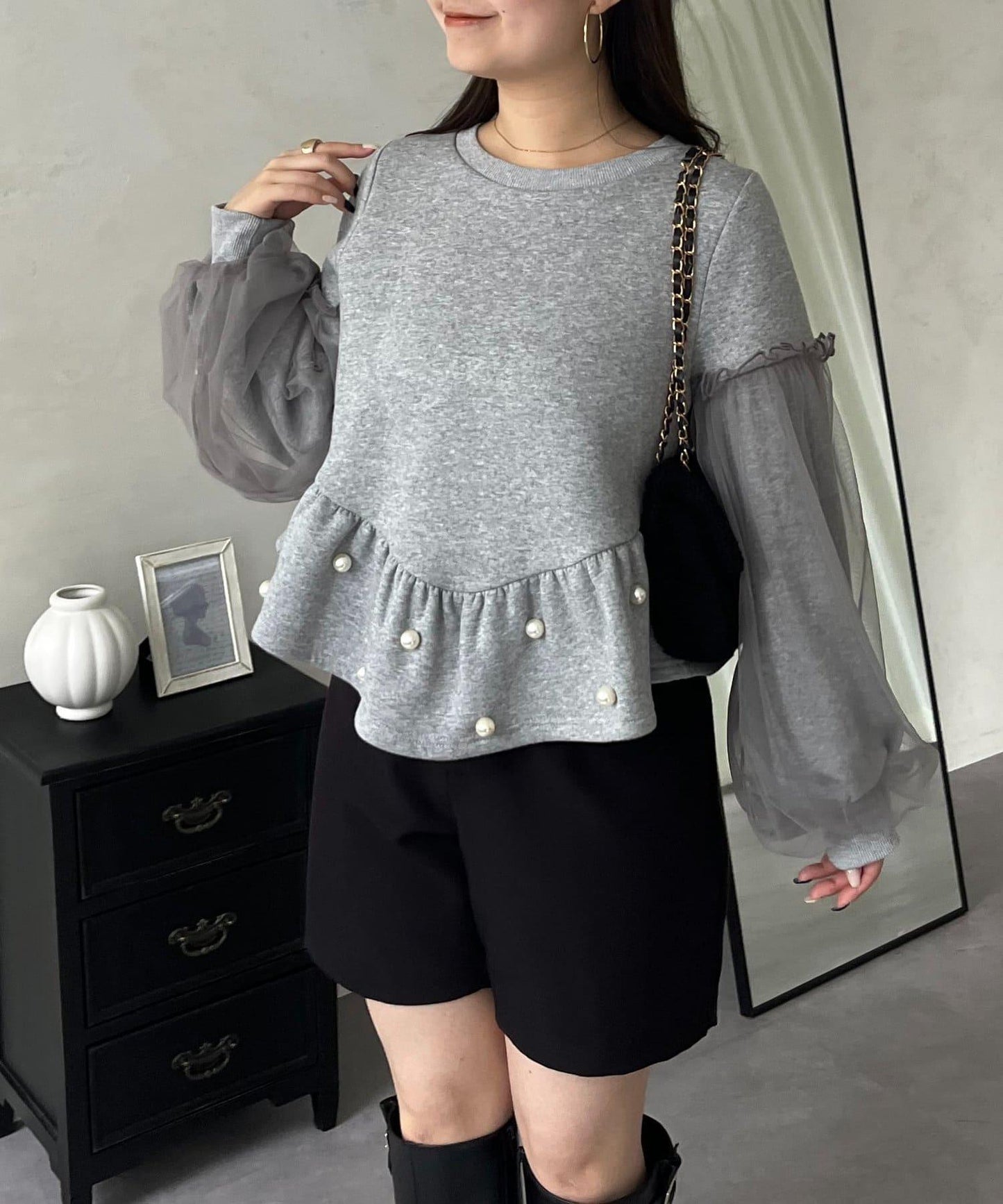 袖部網紗珍珠荷葉邊衛衣