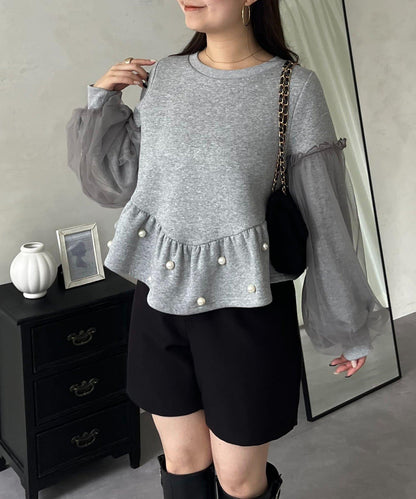 袖部網紗珍珠荷葉邊衛衣