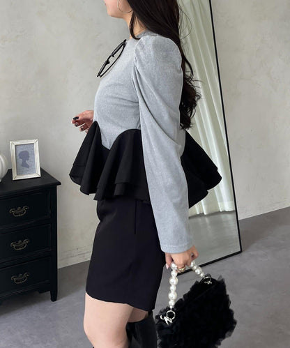 下襬荷葉邊磨毛羅紋針織上衣