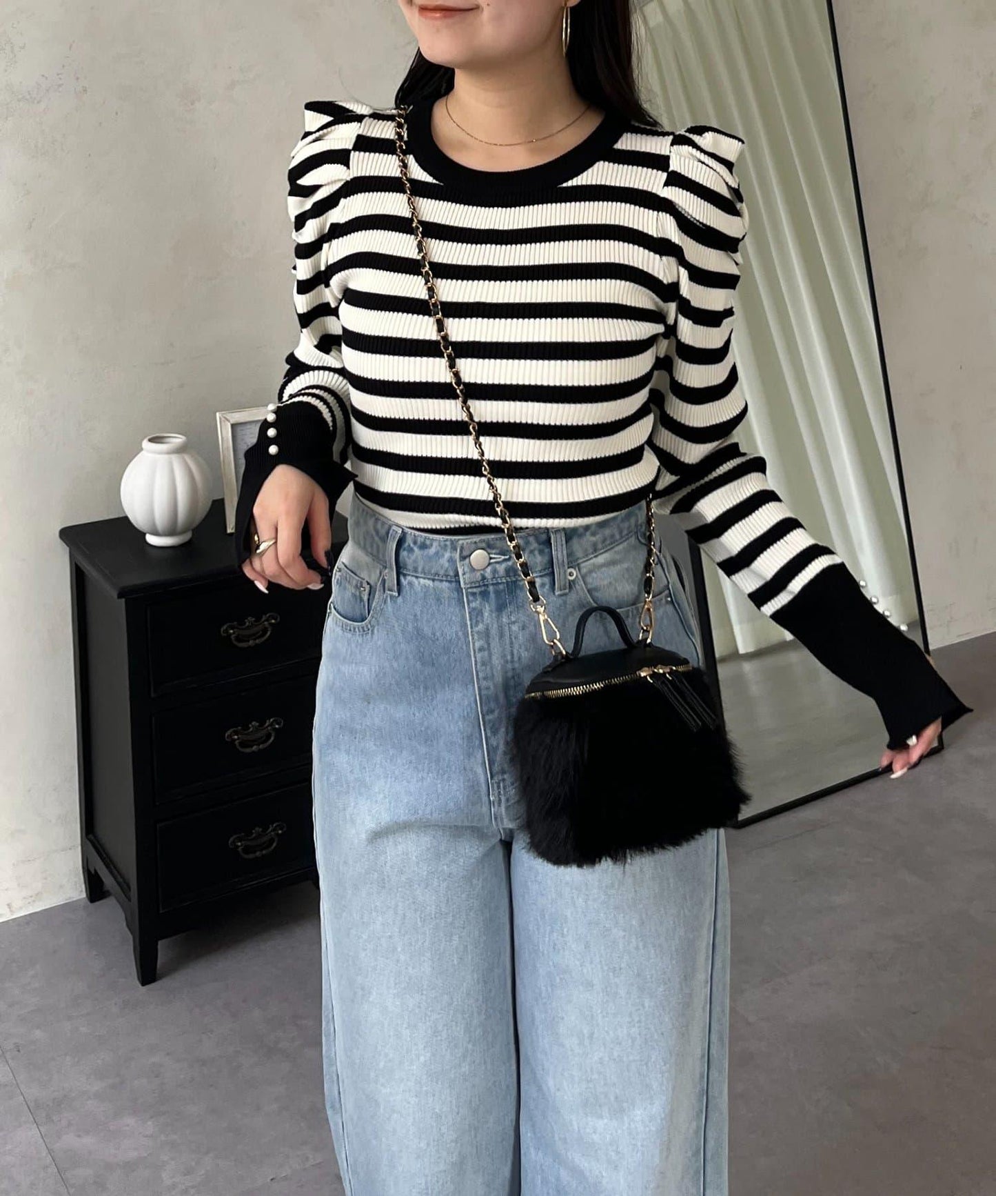 袖珍珠泡泡袖羅紋針織衫