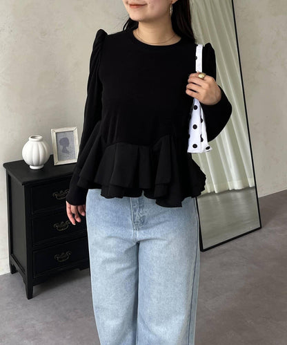 下襬荷葉邊磨毛羅紋針織上衣