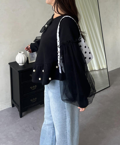 袖部網紗珍珠荷葉邊衛衣