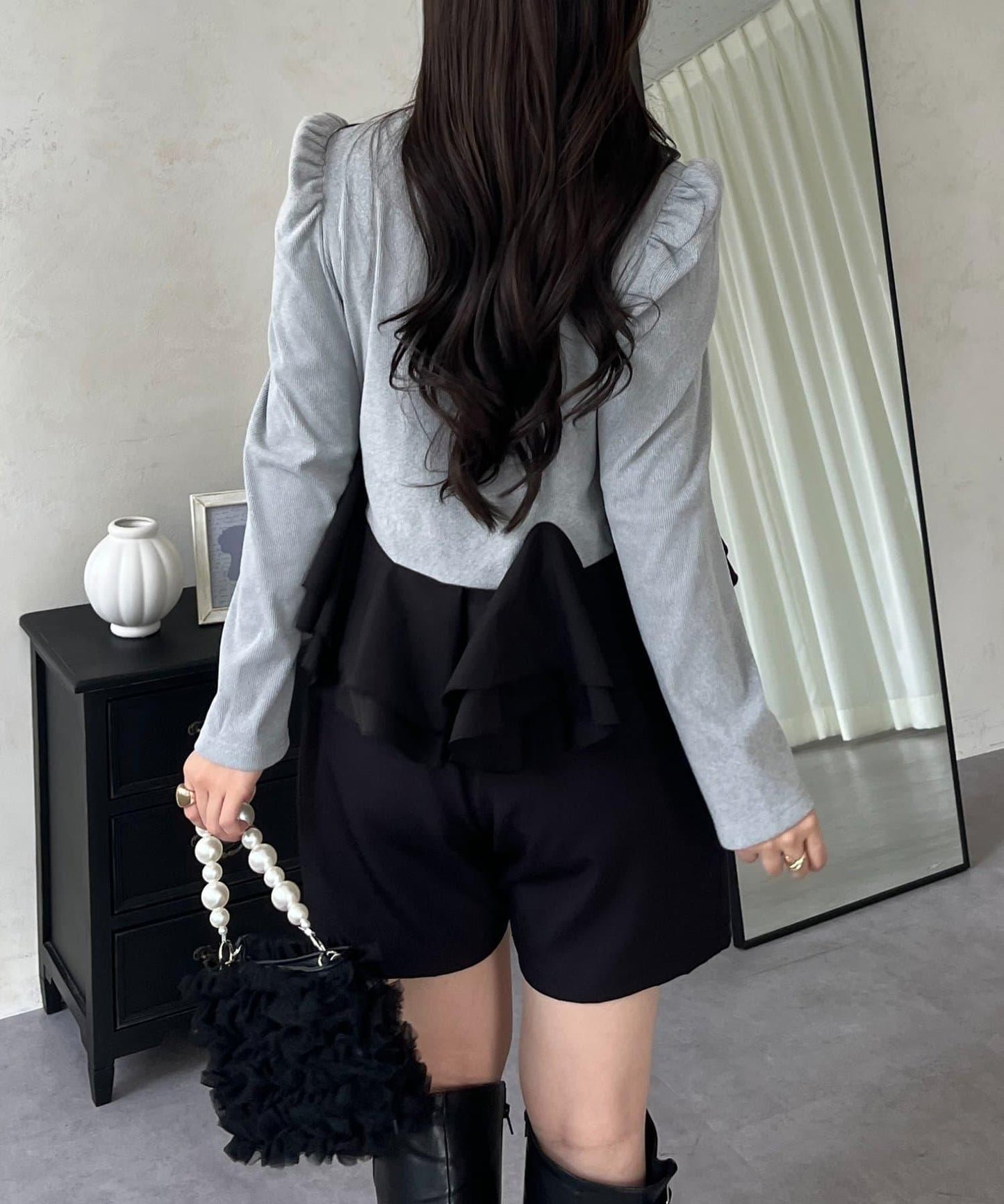 下襬荷葉邊磨毛羅紋針織上衣