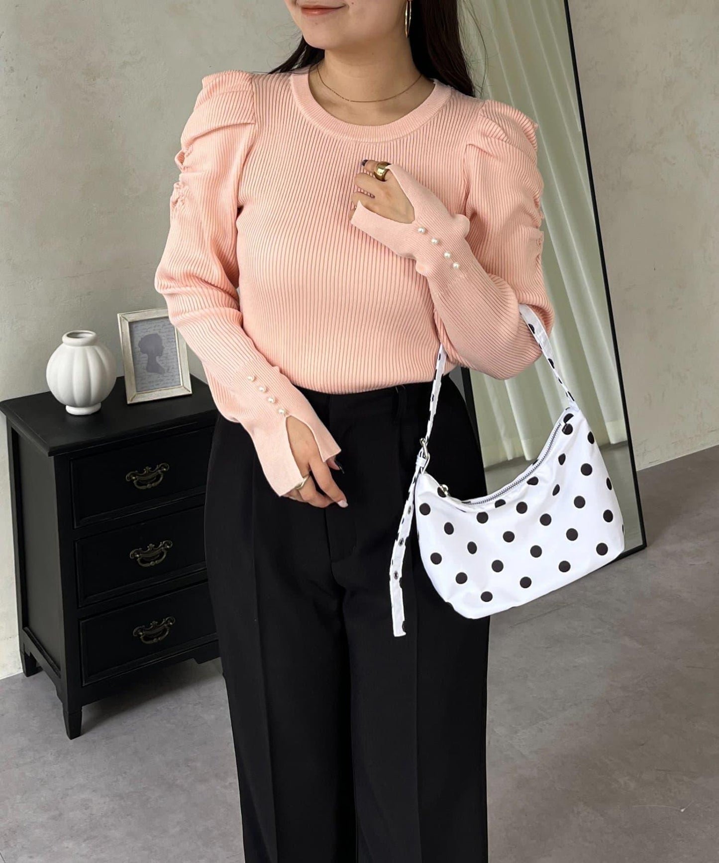 袖珍珠泡泡袖羅紋針織衫