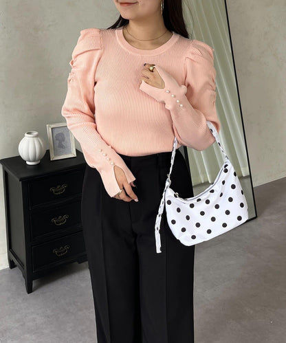 袖珍珠泡泡袖羅紋針織衫