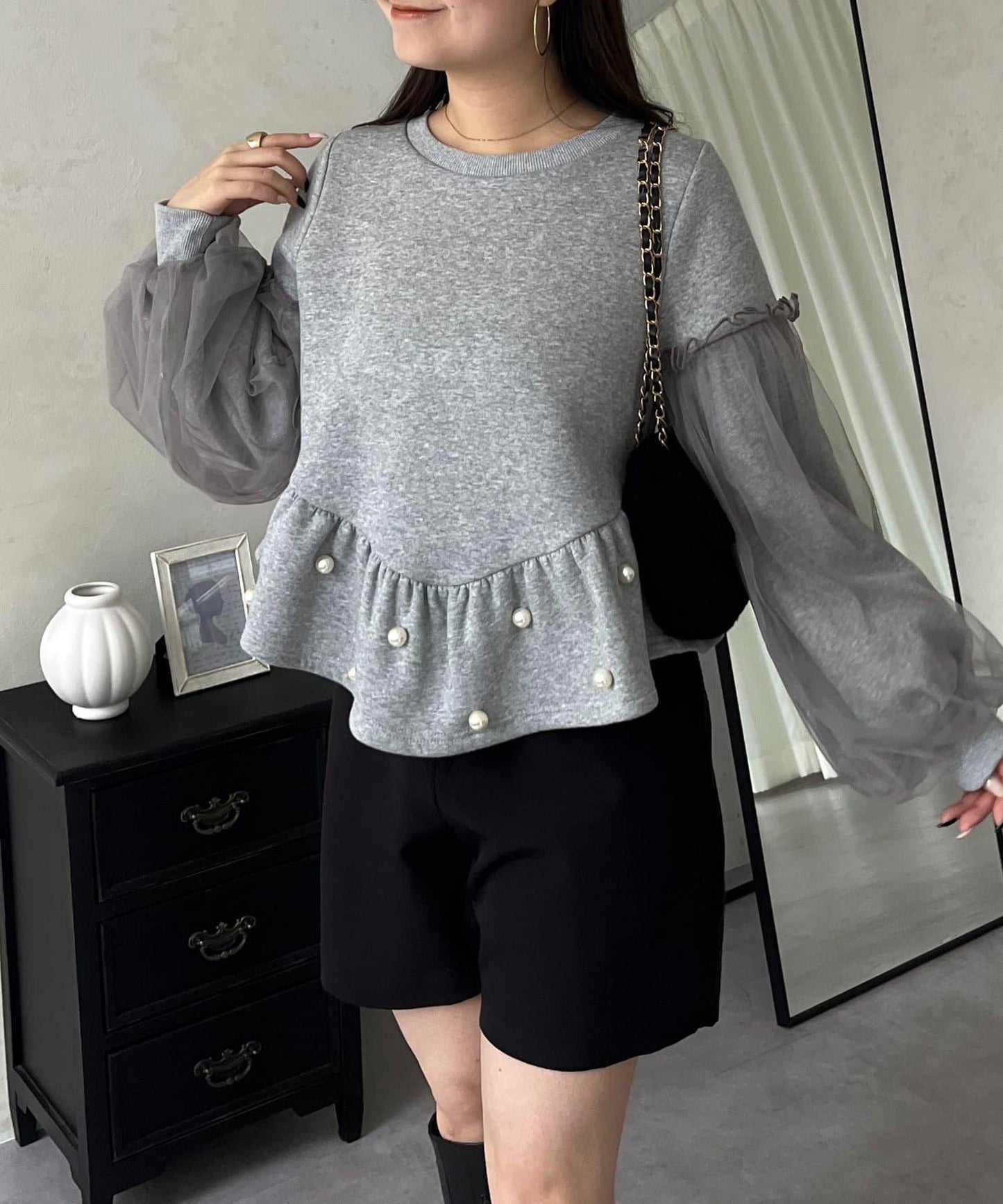 袖部網紗珍珠荷葉邊衛衣