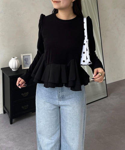 下襬荷葉邊磨毛羅紋針織上衣