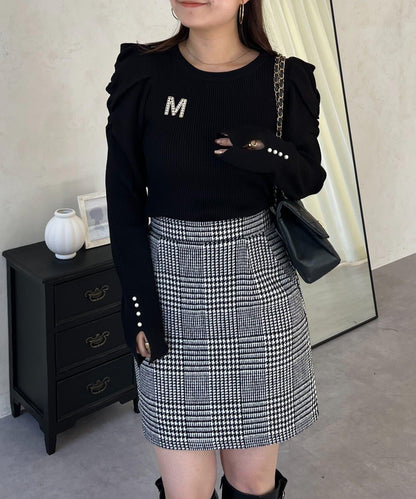 袖珍珠泡泡袖羅紋針織衫