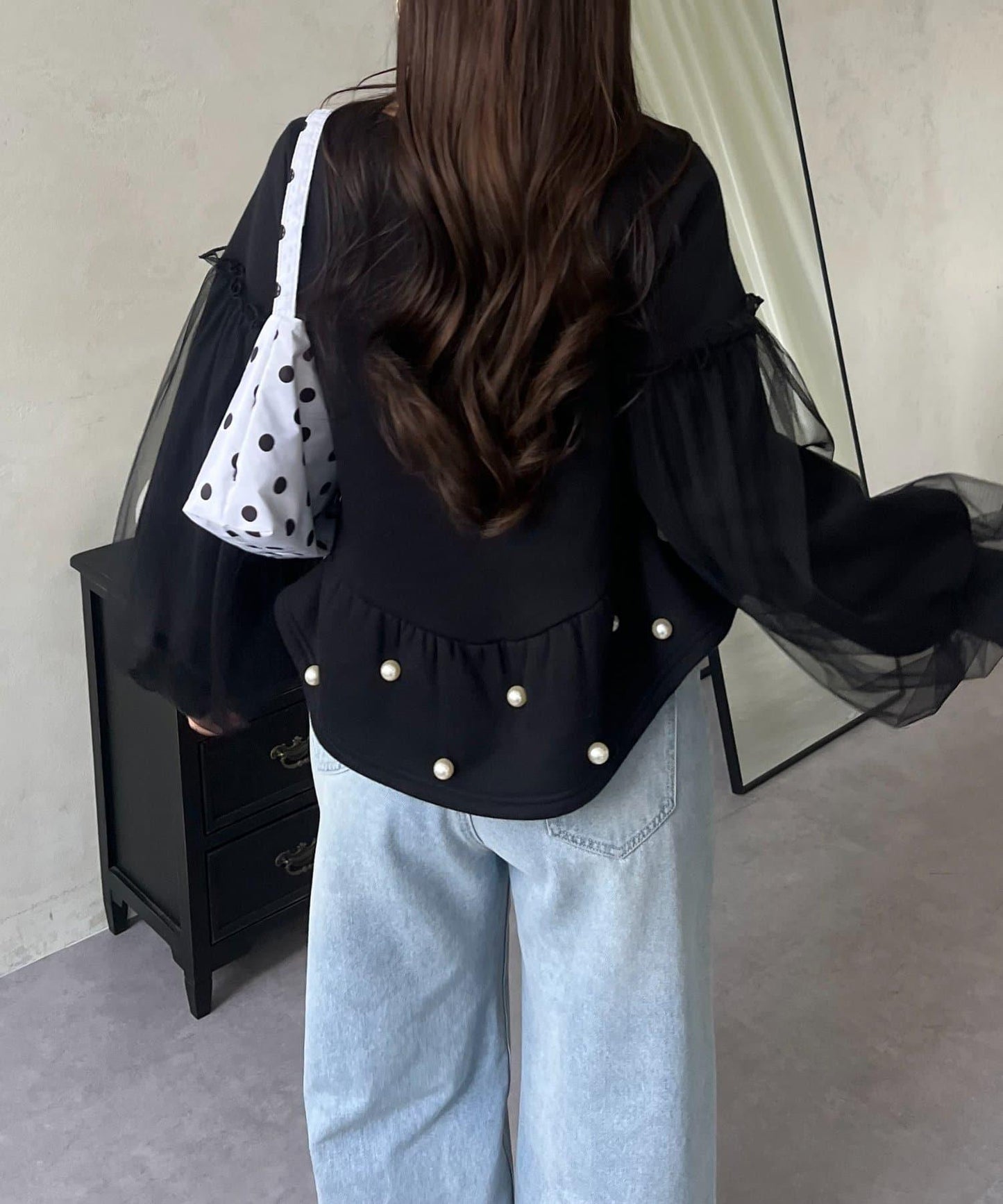 袖部網紗珍珠荷葉邊衛衣