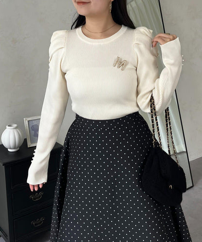 袖珍珠泡泡袖羅紋針織衫