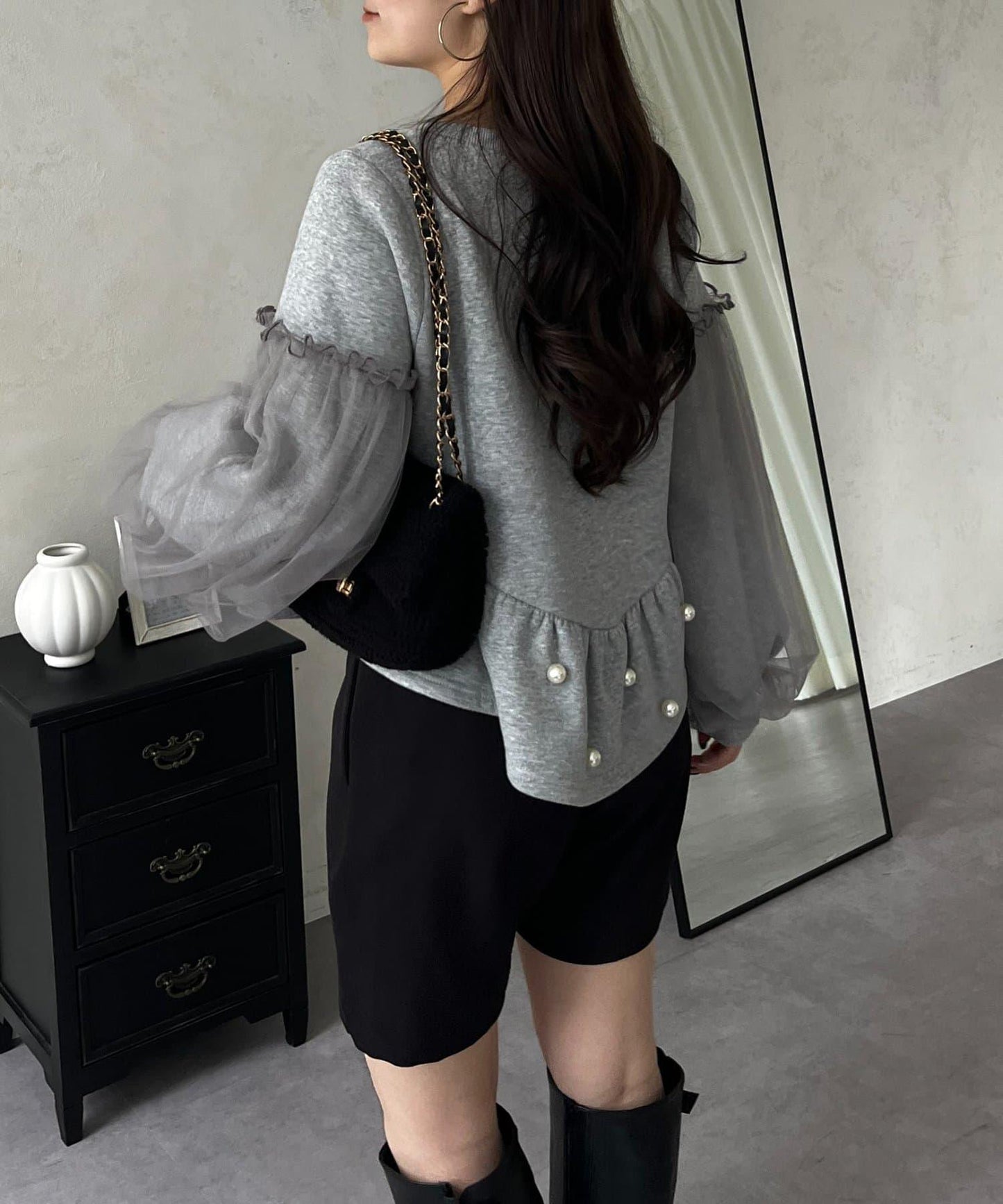 袖部網紗珍珠荷葉邊衛衣