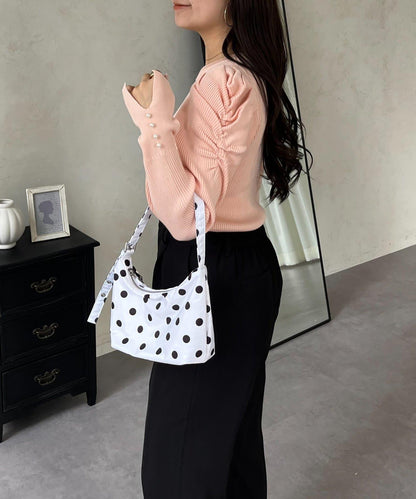 袖珍珠泡泡袖羅紋針織衫