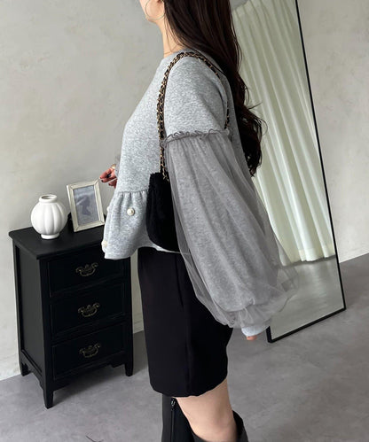 袖部網紗珍珠荷葉邊衛衣