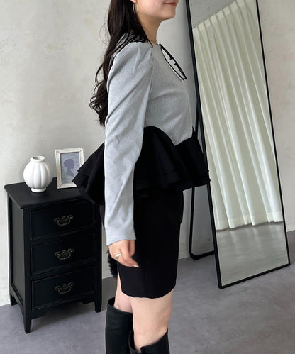 下襬荷葉邊磨毛羅紋針織上衣