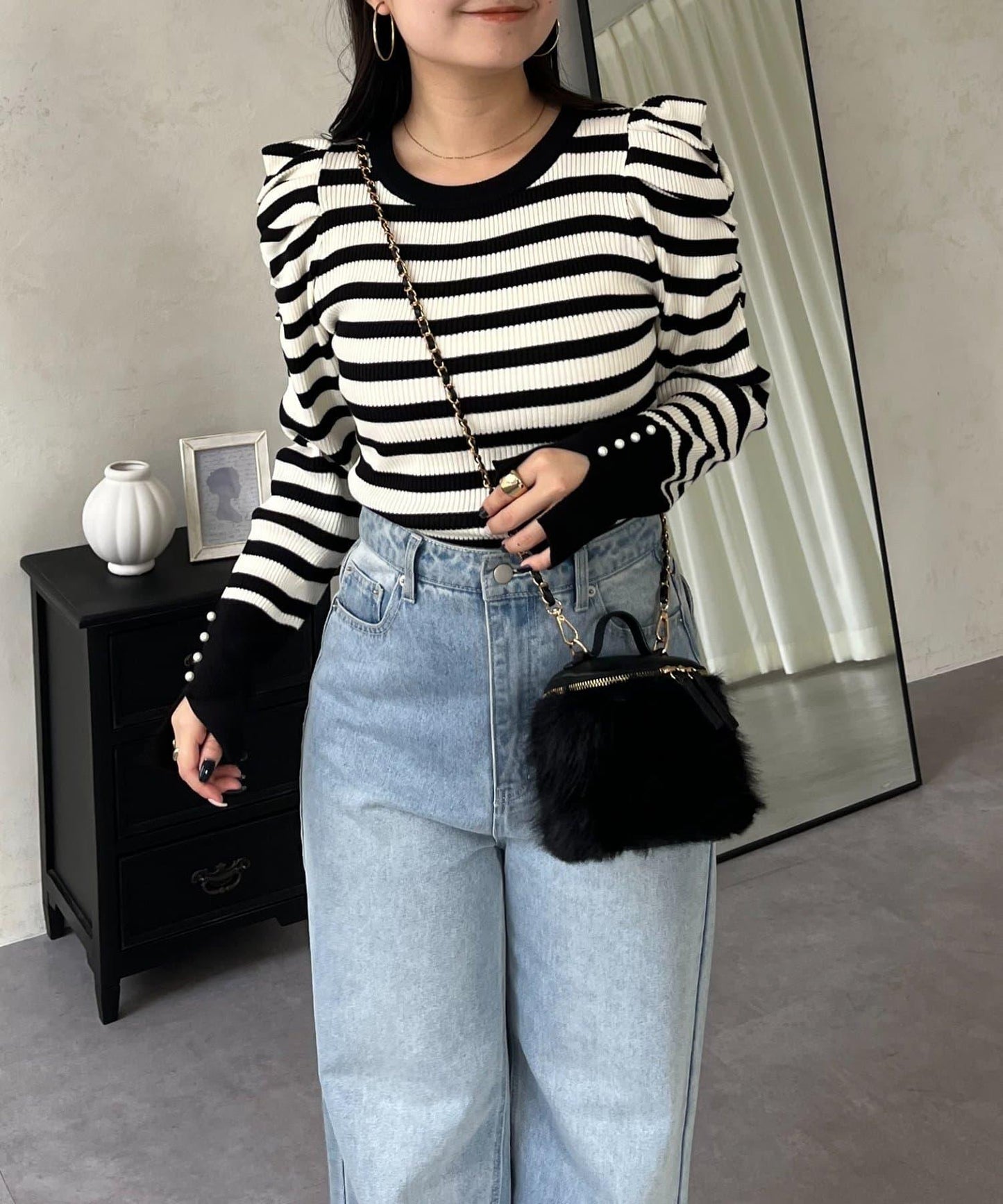 袖珍珠泡泡袖羅紋針織衫