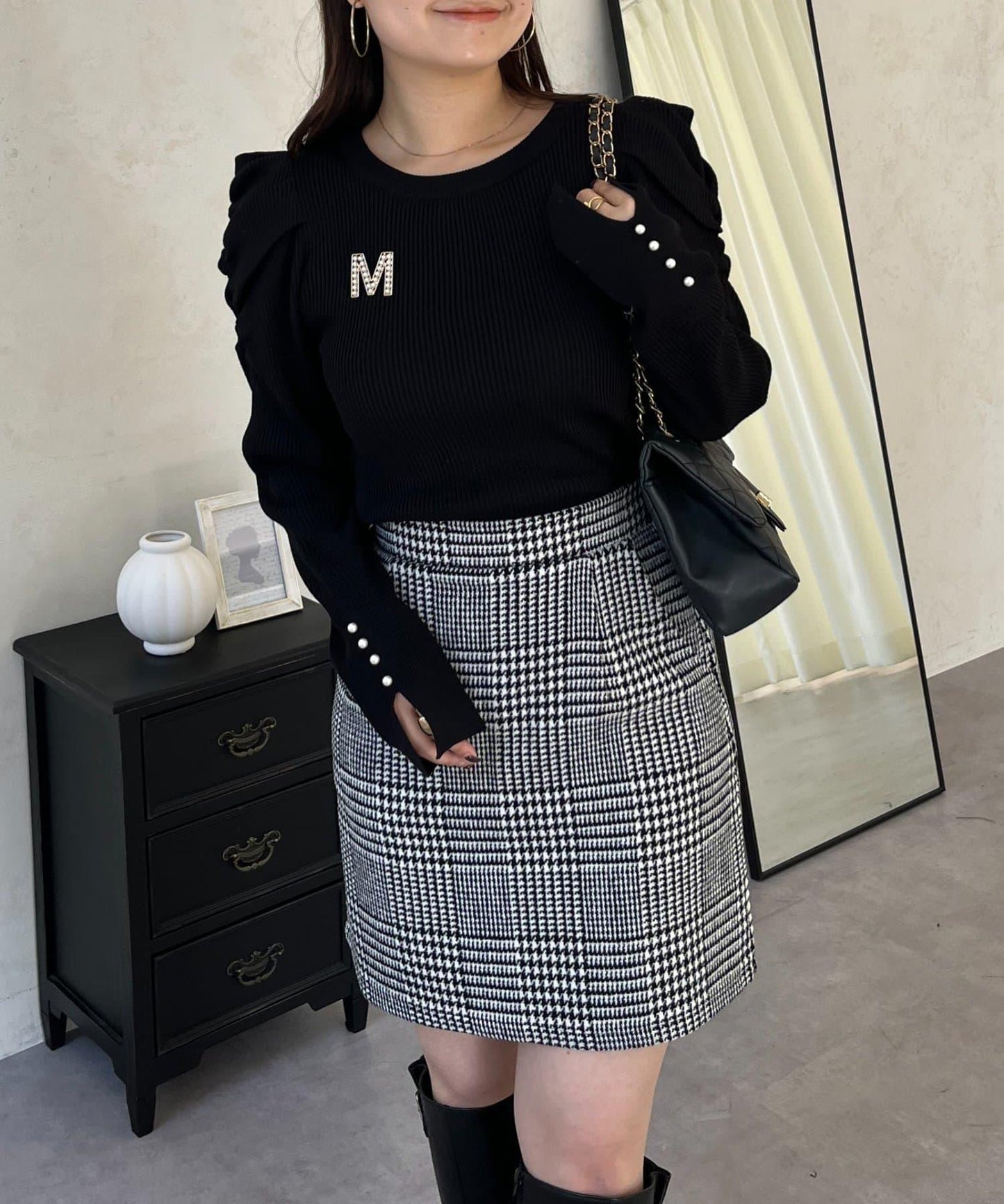 袖珍珠泡泡袖羅紋針織衫