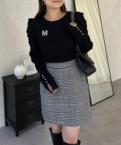 袖珍珠泡泡袖羅紋針織衫