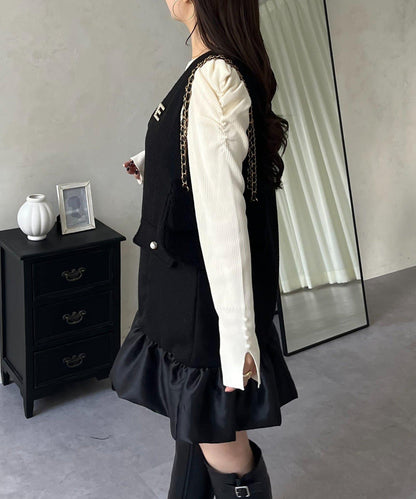 下襬氣球袖呢料連衣裙