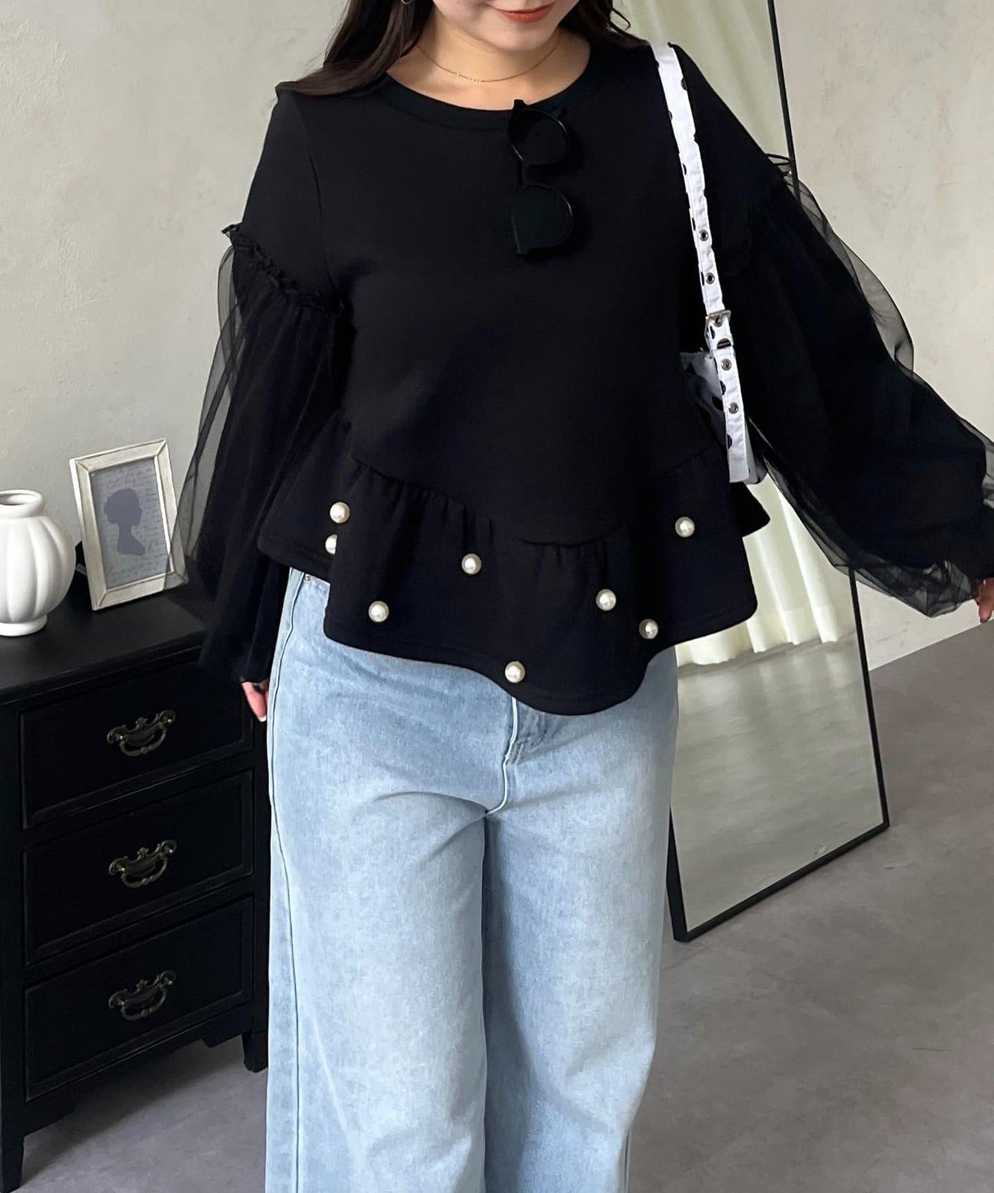 袖部網紗珍珠荷葉邊衛衣