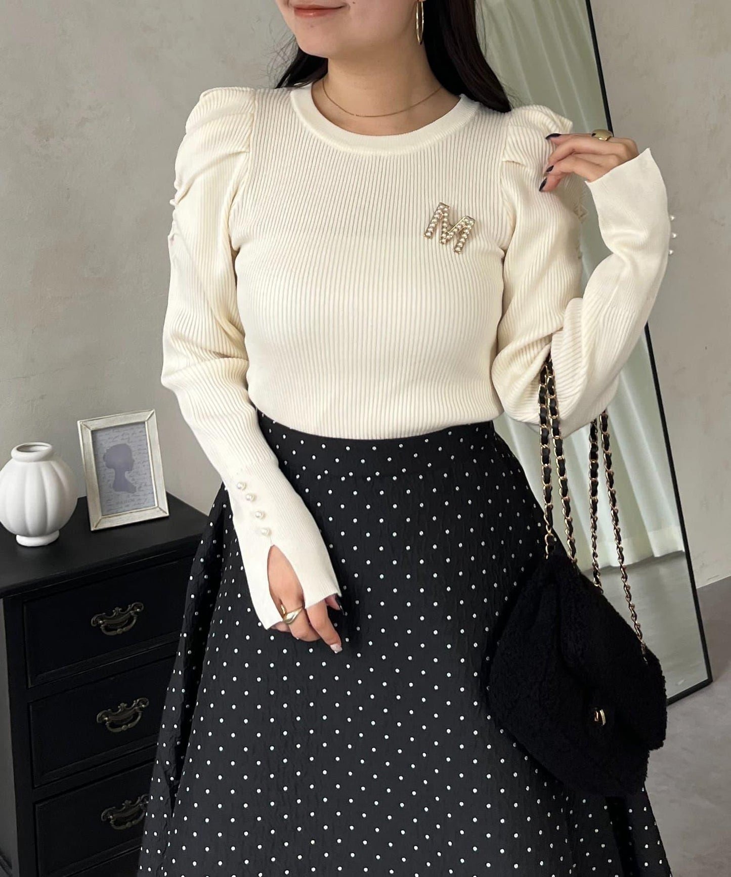 袖珍珠泡泡袖羅紋針織衫