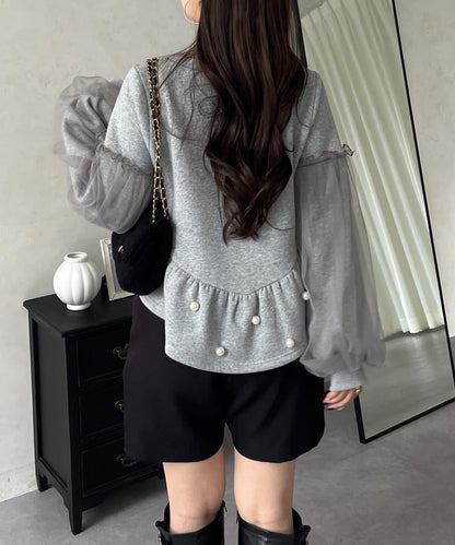 袖部網紗珍珠荷葉邊衛衣