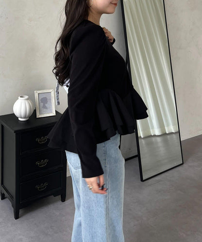 下襬荷葉邊磨毛羅紋針織上衣