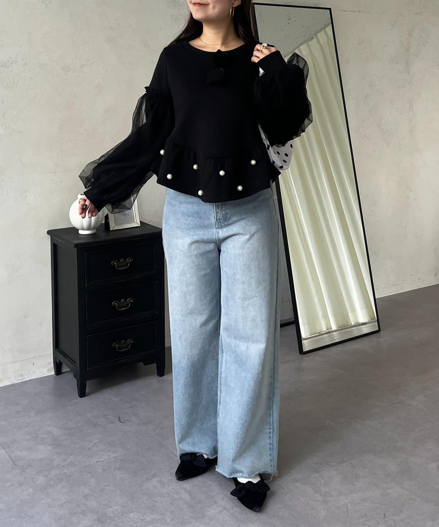 袖部網紗珍珠荷葉邊衛衣