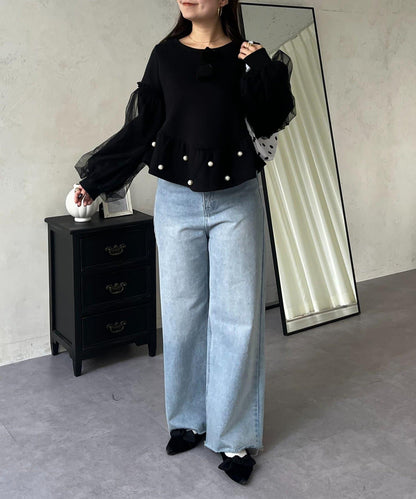 袖部網紗珍珠荷葉邊衛衣