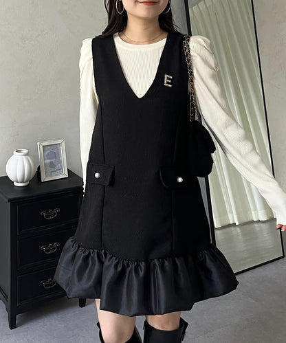 下襬氣球袖呢料連衣裙