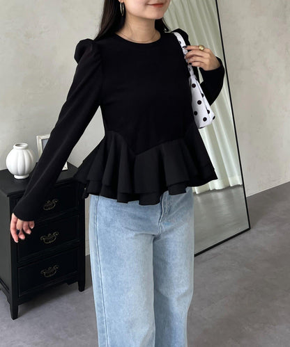 下襬荷葉邊磨毛羅紋針織上衣