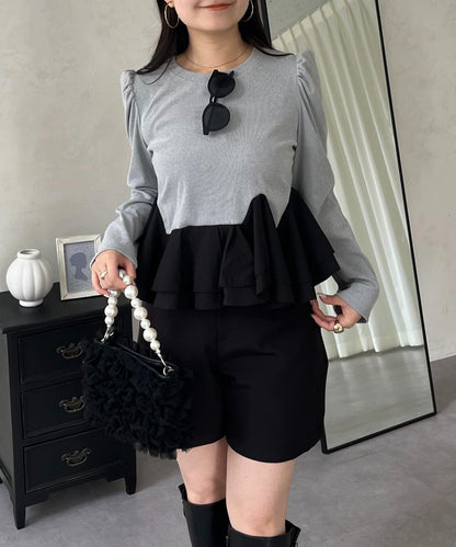 下襬荷葉邊磨毛羅紋針織上衣