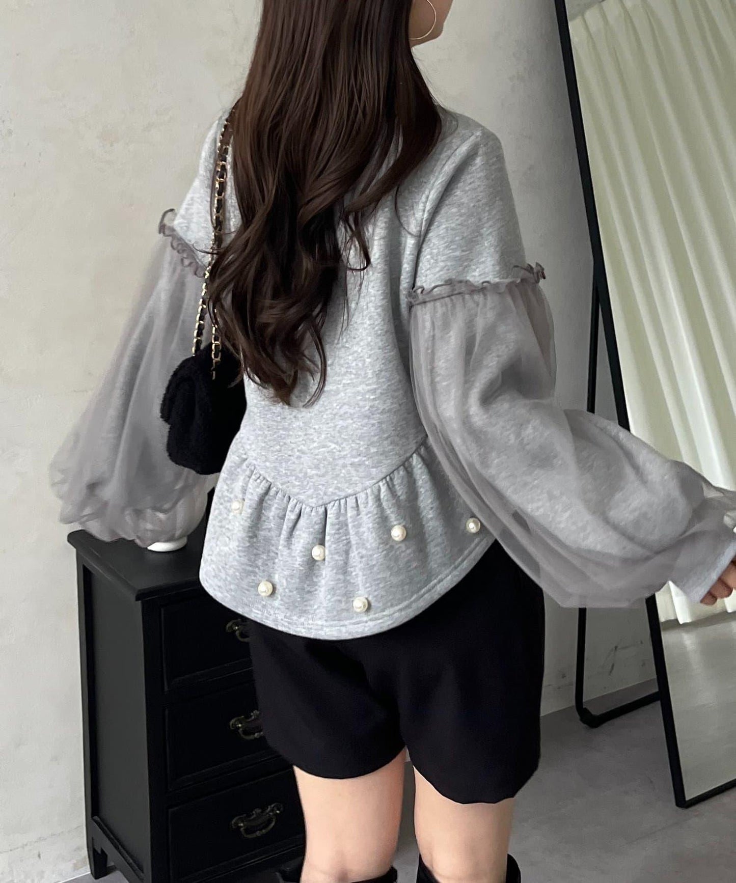 袖部網紗珍珠荷葉邊衛衣