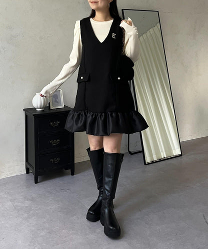 下襬氣球袖呢料連衣裙