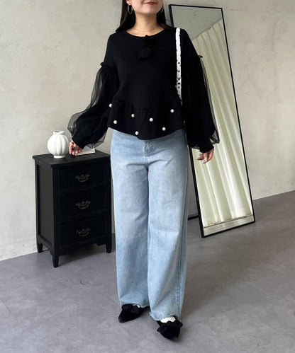 袖部網紗珍珠荷葉邊衛衣