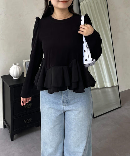 下襬荷葉邊磨毛羅紋針織上衣