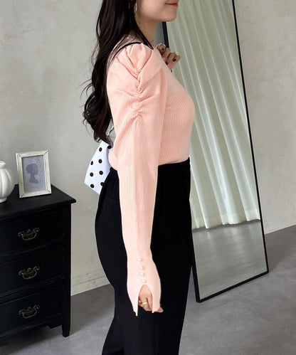 袖珍珠泡泡袖羅紋針織衫