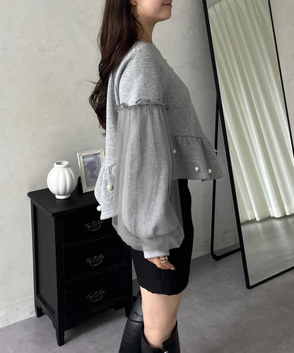 袖部網紗珍珠荷葉邊衛衣