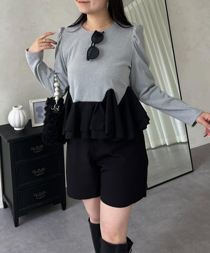 下襬荷葉邊磨毛羅紋針織上衣