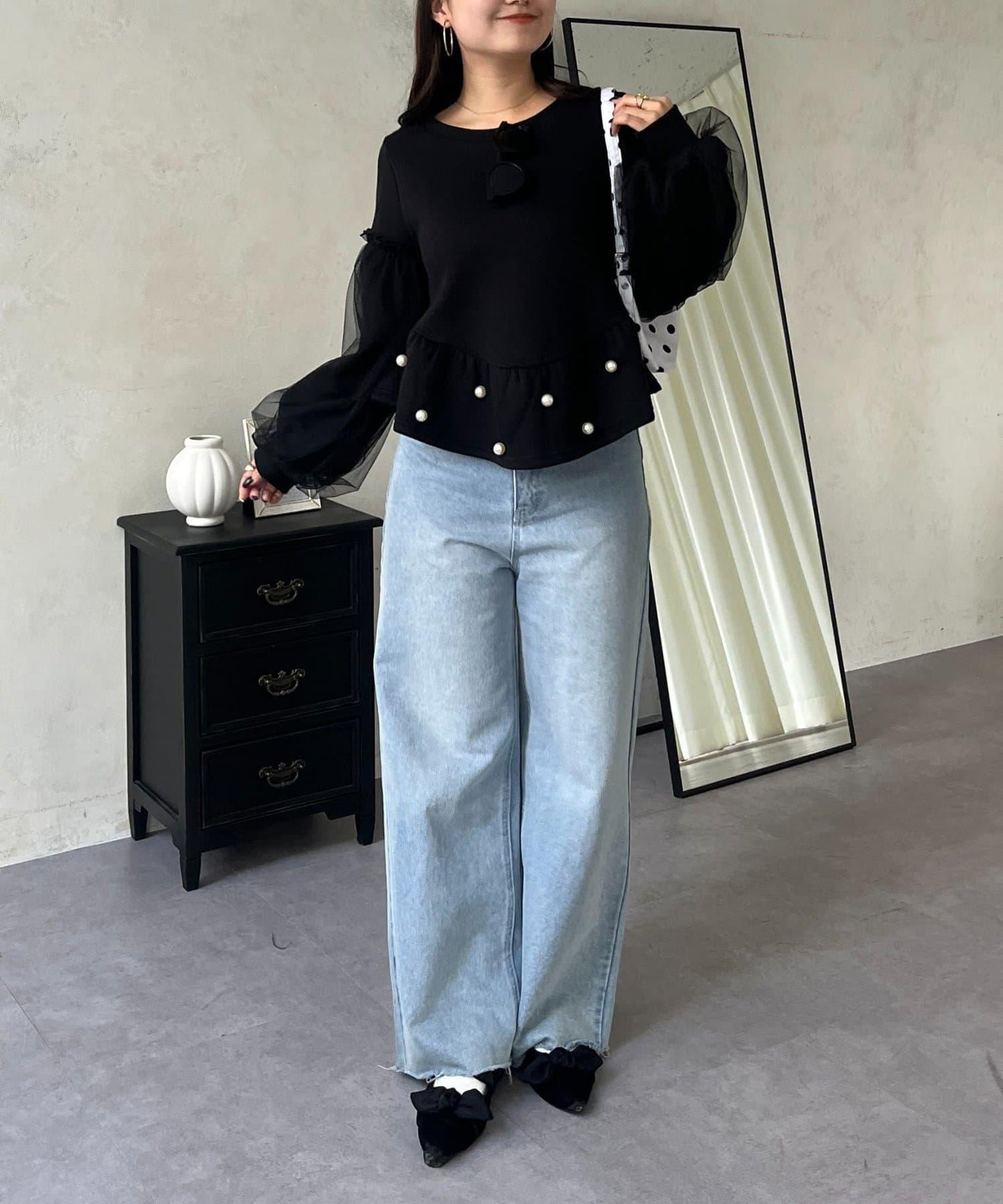 袖部網紗珍珠荷葉邊衛衣